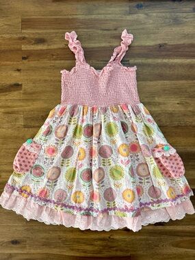 Matilda Jane Girls Happy & Free Pink Sand Dollar Dress 6 Floral Lace Ruffle Dots